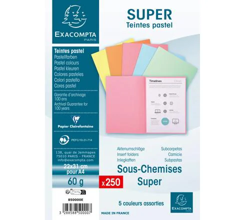 SOUS CHEMISE COULEURS PASTELS PAQUET DE 250 EXACOMPTA