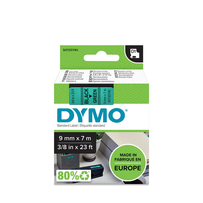 RUBAN POUR ÉTIQUETEUSE NOIR SUR VERT DYMO 12 MM X 7 M