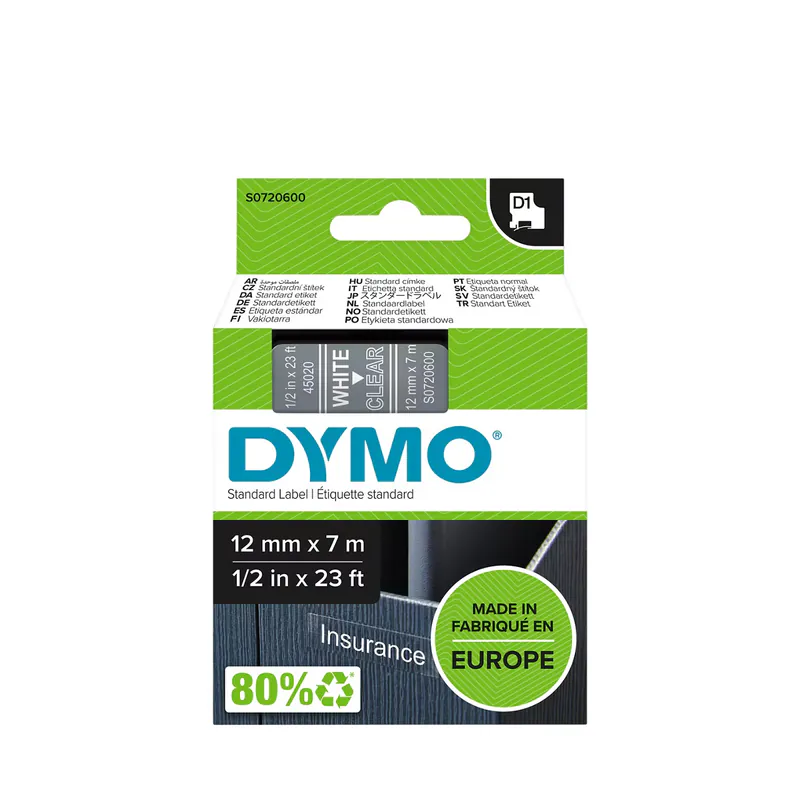 RUBAN POUR ÉTIQUETEUSE BLANC SUR TRANSPARENT DYMO 12 MM X 7 M