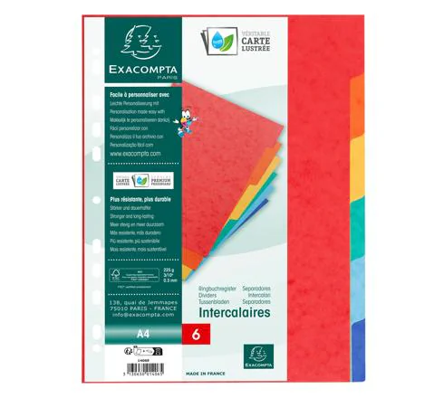 JEU INTERCALAIRES A4 CARTONNEES 6 POSITIONS EXACOMPTA