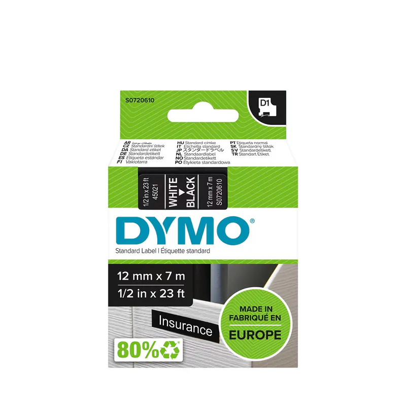 RUBAN POUR ÉTIQUETEUSE BLANC SUR NOIR DYMO 12 MM X 7 M