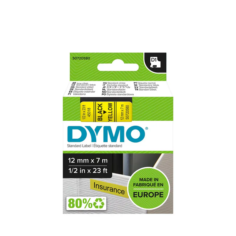 RUBAN POUR ÉTIQUETEUSE NOIR SUR JAUNE DYMO 12 MM X 7 M