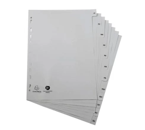 JEU D'INTERCALAIRES A4 POLYPROPYLENE MENSUELLE 12 POSITIONS EXACOMPTA