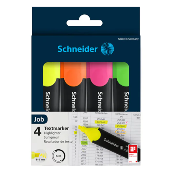 POCHETTE DE 4 SURLIGNEURS SCHNEIDER FLUO JOB 150 ASSORTIS