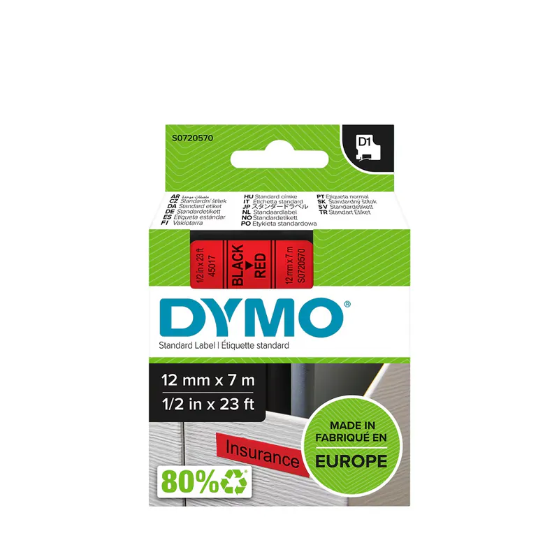 RUBAN POUR ÉTIQUETEUSE NOIR SUR ROUGE DYMO 12 MM X 7 M