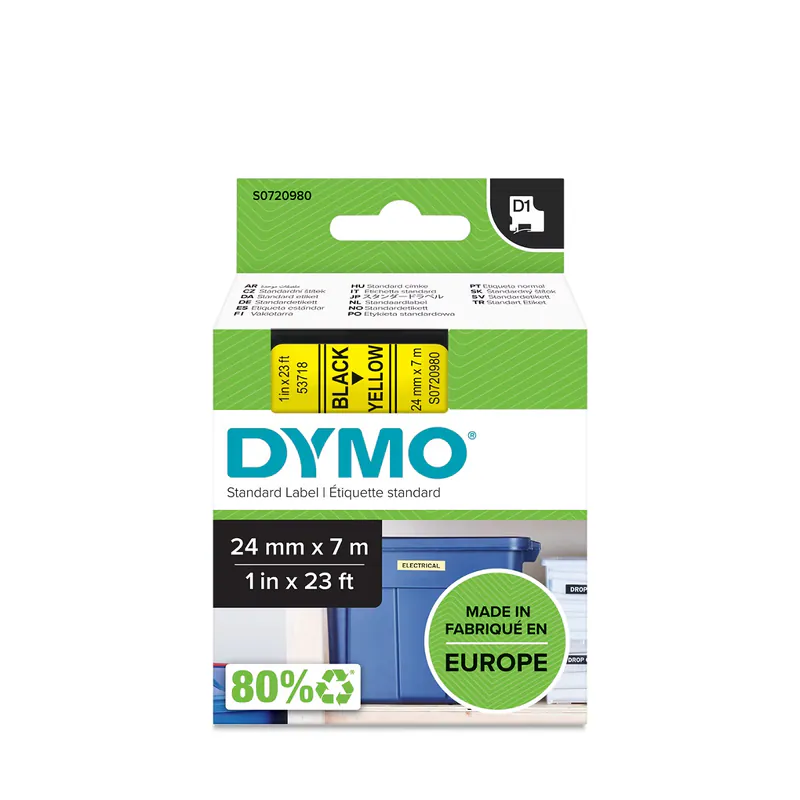 RUBAN POUR ÉTIQUETEUSE NOIR SUR JAUNE DYMO 24 MM X 7 M