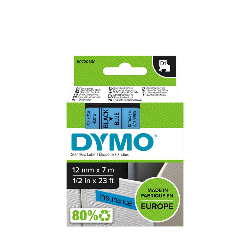 RUBAN POUR ÉTIQUETEUSE NOIR SUR BLEU DYMO 12 MM X 7 M