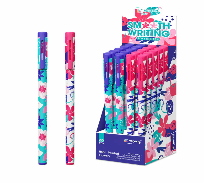 STYLO A BILLE YALONG HAND PAINTED FLOWERS BLEU