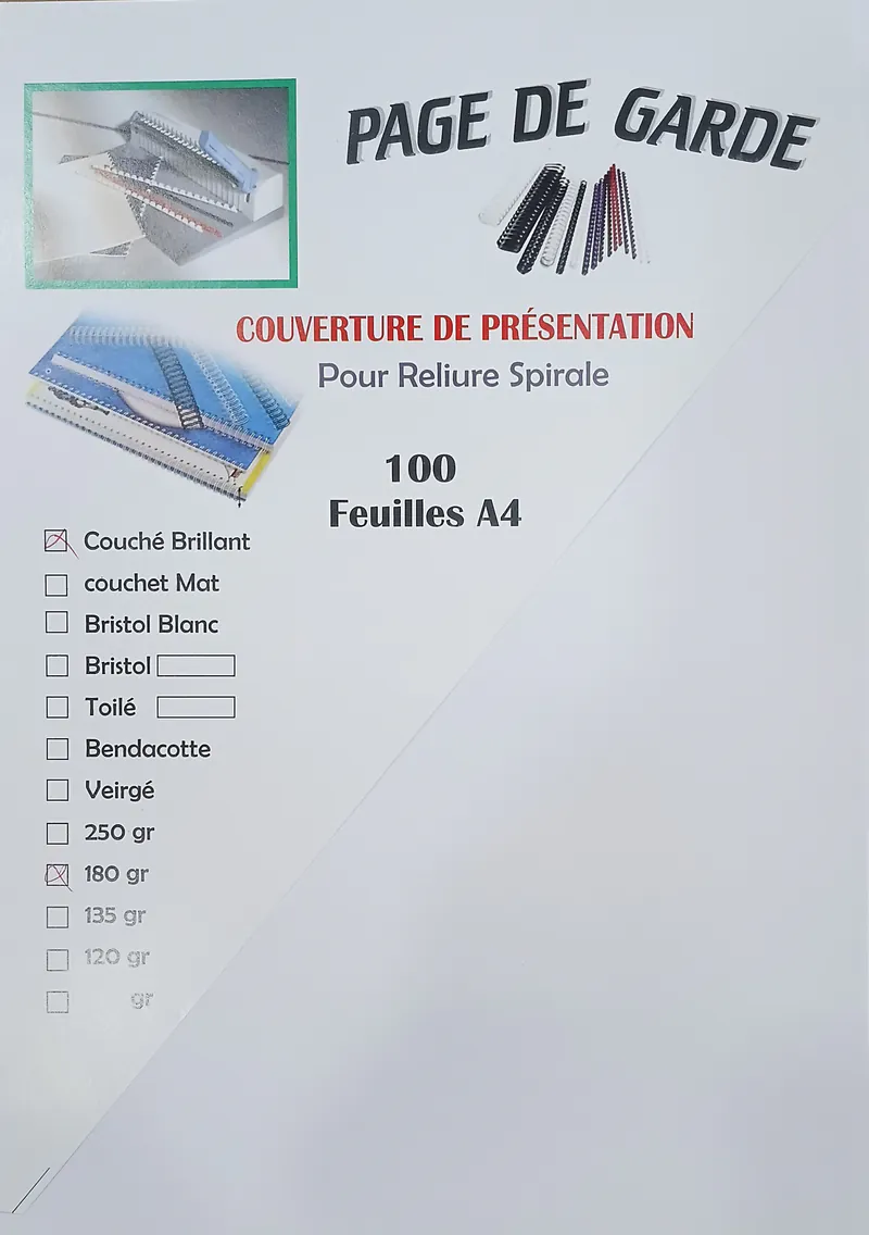 RAME PAGE DE GARDE COUCHE BRILLANT A4 180G 100F BLANC