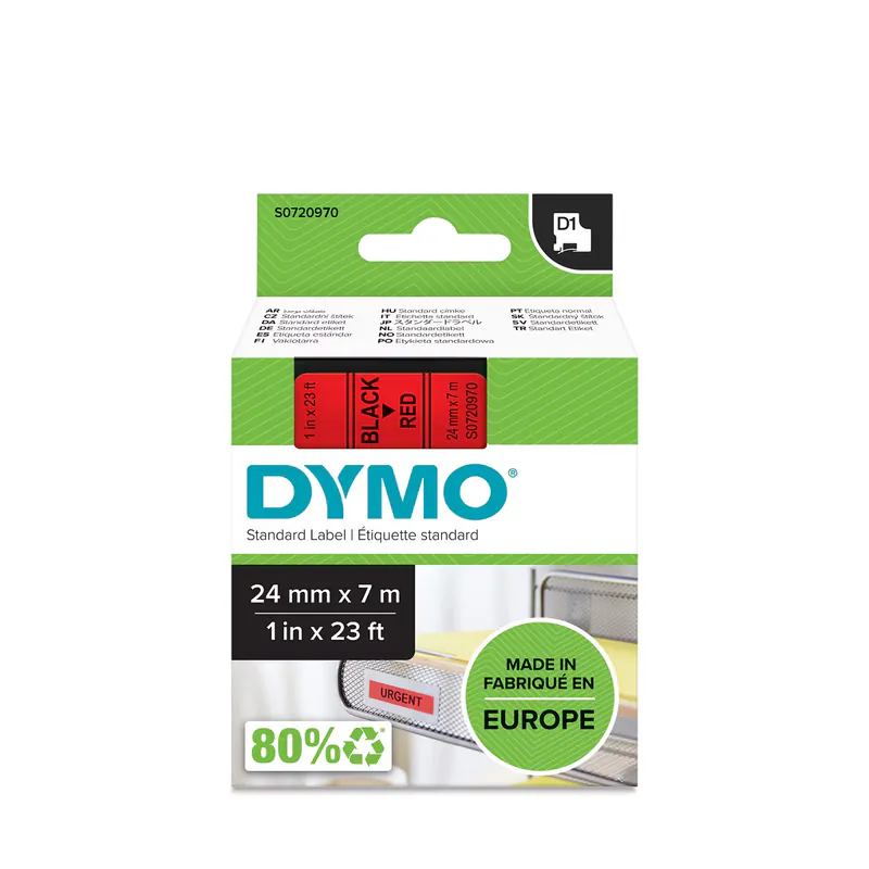 RUBAN POUR ÉTIQUETEUSE NOIR SUR ROUGE DYMO 24 MM X 7 M