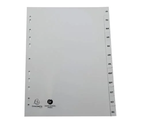 JEU D'INTERCALAIRES A4 POLYPROPYLENE MENSUELLE 12 POSITIONS EXACOMPTA