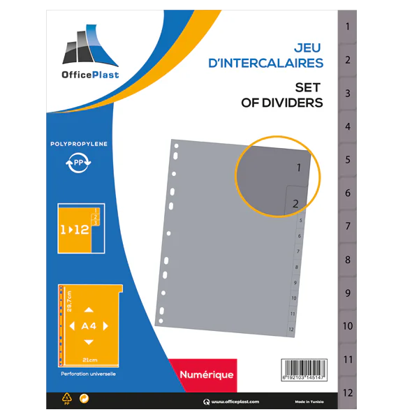 JEU D'INTERCALAIRES A4 POLYPROPYLENE NUMÉRIQUES 12 POSITIONS PURPLE