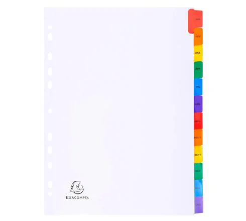 JEU INTERCALAIRES A4 CARTONNEES BLANC MENSUELLE 160G 12 POSITIONS EXACOMPTA